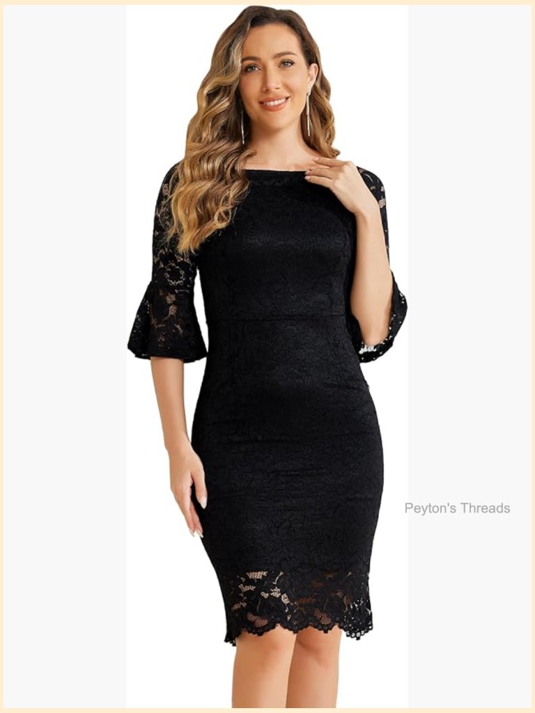 Vintage Floral Lace Sheath Dress Boat Neck 3/4 Bell Sleeve Midi Cocktail